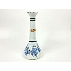 Vintage Tonala Mexican Pottery Folk Art Vase Signed CAT Floral 8” Tall D-19 Blue